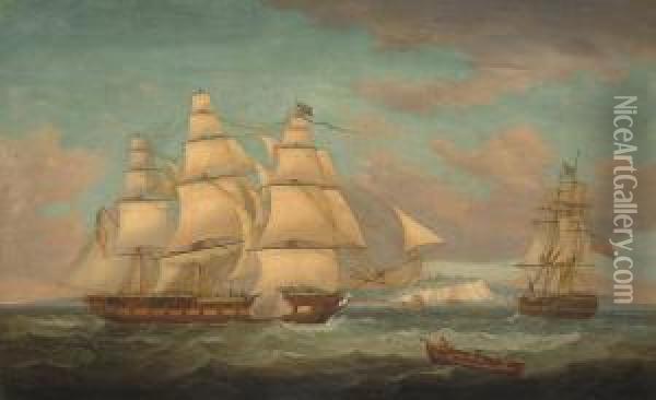 An East Indiaman In Two-positions Off Dover Calling For Apilot Oil Painting - Charles Augustus Jnr Mornewick