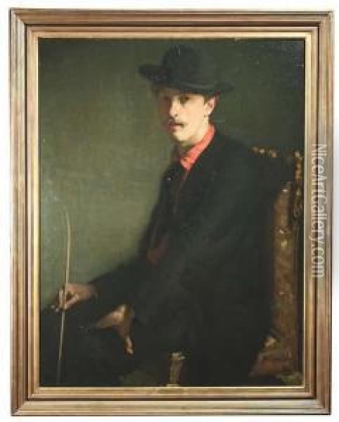 Portrait Of A Gentleman Wearing A
 Black Dress And A Hat, Assumedly Portrait Of The Art Critic Camille 
Mauclair As A Young Man. Oil Painting - Alfred Louis Andrieux