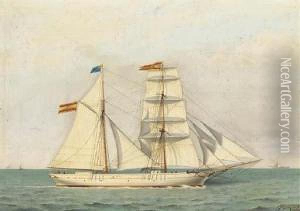 A Spanish Brigantine Under Full Sail Oil Painting - Francisco Vidal