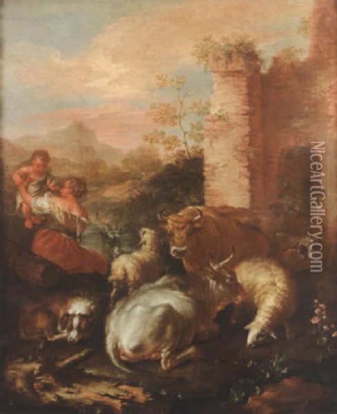 A Shepherdess, Her Child And A Dog Tending Cattle, Sheep, A Goat And A Ram By Ruins In An Italianate Landscape Oil Painting - Giovanni Agostino (Abate) Cassana