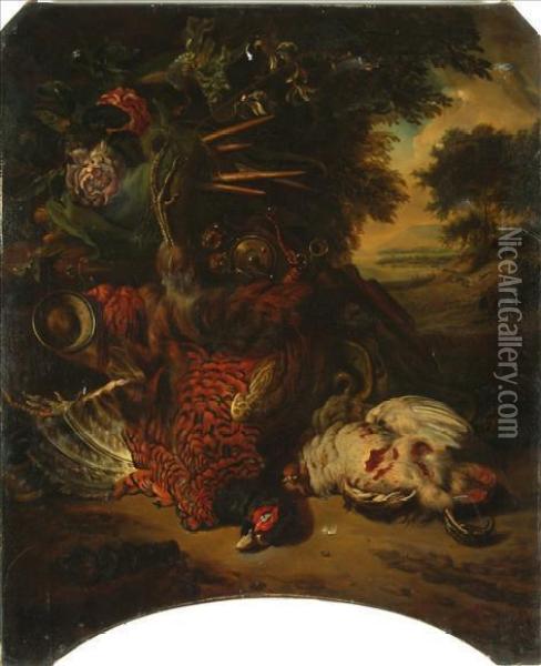 A Still Life Of Dead Game With A Hunt In The Distance Oil Painting - Alexandre-Francois Desportes