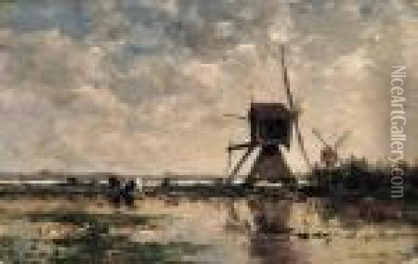 A Polder Landscape With Windmills Oil Painting - Willem Roelofs