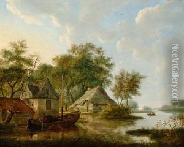 Summer Landscape With Angler Oil Painting - Egbert Van Drielst