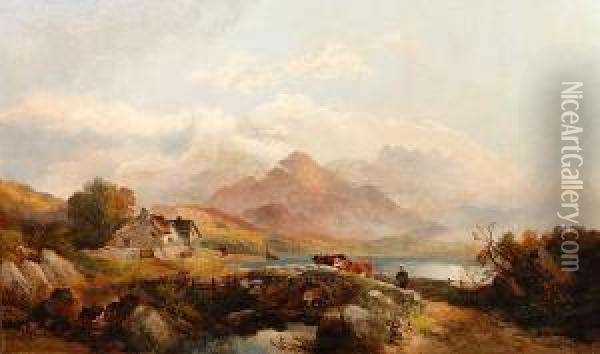 Welsh Lakeside View With Cattle And Figures Ona Bridge Oil Painting - Joseph Horlor
