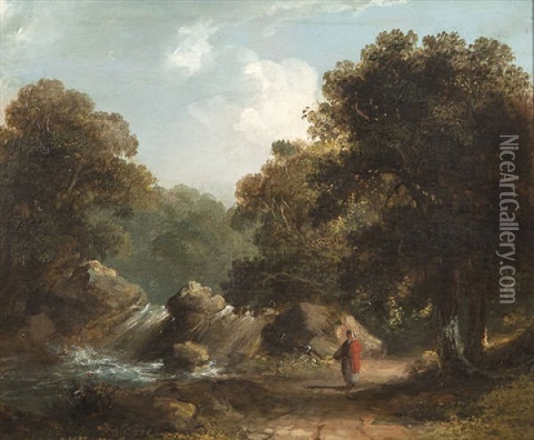 Wooded River Landscape With Woman On A Path Oil Painting - James Arthur O'Connor