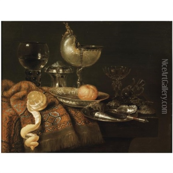 A Still Life With A Nautilus Cup, A Silver Salt Cellar, A Roemer And A Facon De Venise Glass, An Orange On A Pocelain Plate, A Peeled Lemon With Oysters On A Silver Plate, All On Stone Ledge Part Oil Painting - Willem Claesz Heda