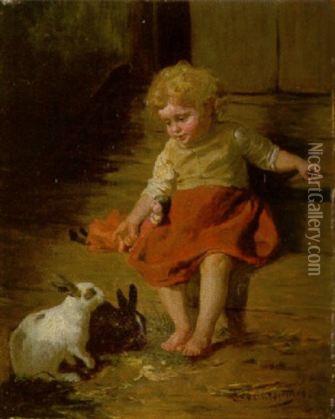 Kleines Madchen Mit Puppe Bei Zwei Kaninchen Oil Painting - Felix Schlesinger