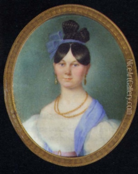 A Young Lady In A White Dress With A Pink Belt, A Blue Stole Over Her Shoulder, Gold Necklaces And Earrings, A Blue Ribbon In Her Hair Oil Painting - Franz (Xaver) Fahrlander