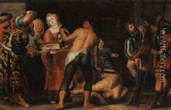 Salome Presents The Head Of John The Baptist To Herodias Oil Painting - Gaspar van den Hoecke