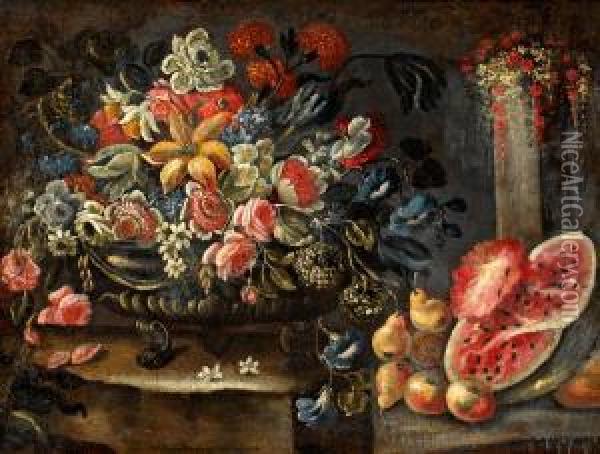 Hans Efterfoljd Stilleben Med Frukter Och Blommor Oil Painting - Michele Pace Del (Michelangelo di) Campidoglio