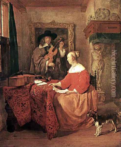 A Woman Seated at a Table and a Man Tuning a Violin Oil Painting - Gabriel Metsu