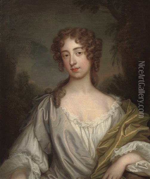 Portrait Of A Lady, In A Mauve Dress And White Chemise Oil Painting - Thomas Bardwell