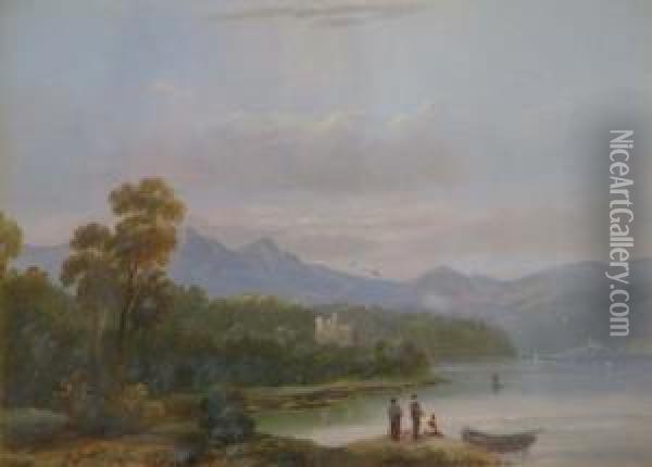 Figures And Castle Beside A Lake Signed 5.5 X 7.5in Oil Painting - Edward Train