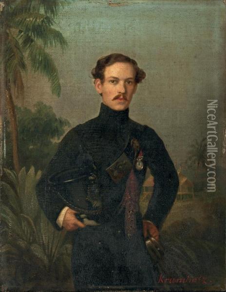 Portrait Of An Officer, Standing Small Three-quarter Length, In A Tropical Landscape Oil Painting - Ferdinand Krumholz