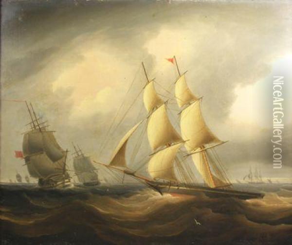 A Two-masted Yachtgoing Across Other Boats Oil Painting - Thomas Buttersworth