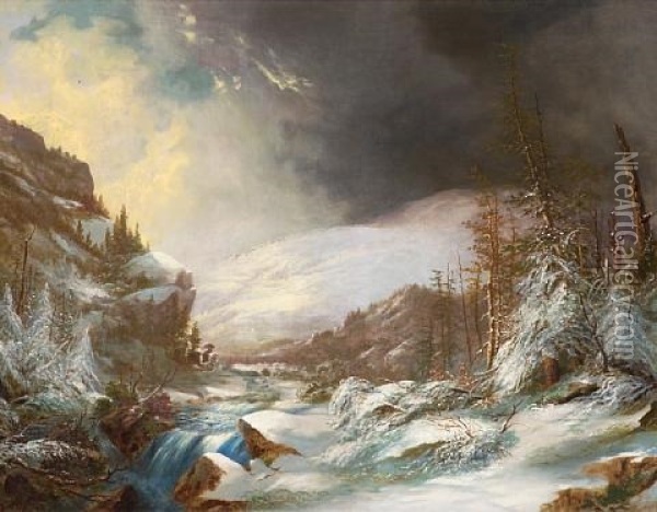 A Cascading Stream Through Snow-covered Mountains Oil Painting - Frederick A. Butman