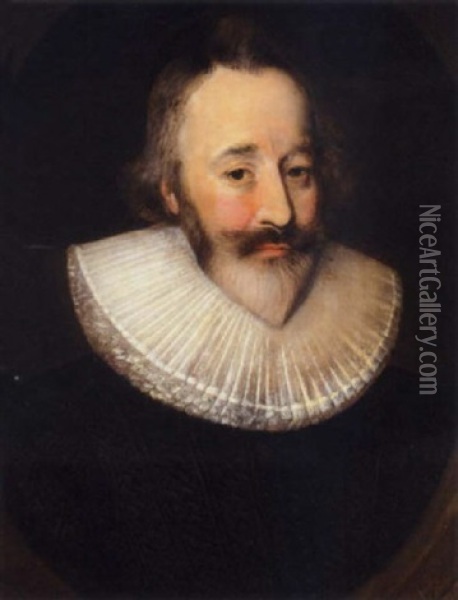 Portrait Of Sir Henry Spiller Of Laleham Wearing A Black Tunic And White Ruff Oil Painting - Cornelis Jonson Van Ceulen
