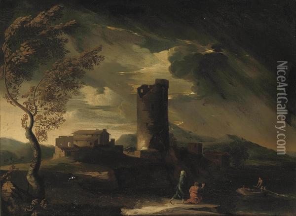 A Storm Gathering With Figures On The Bank Of A River Beside Classical Ruins Oil Painting - Pieter the Younger Mulier