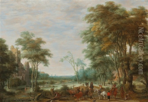 A Wooded Landscape With Horsemen And Travellers Oil Painting - Joachim Govertsz Camphuysen