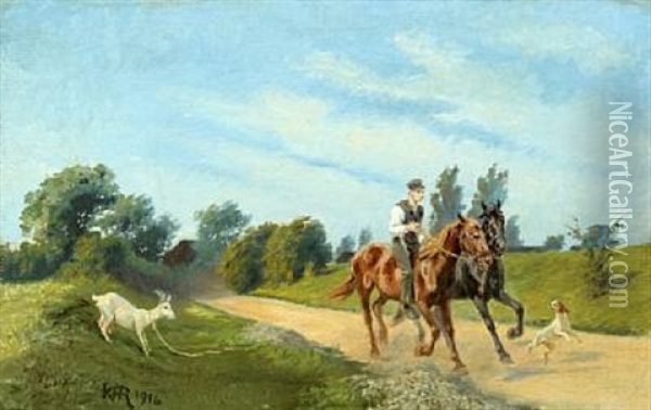 Man With Horses, Dog And Goat Oil Painting - Karl Frederik Christian Hansen-Reistrup