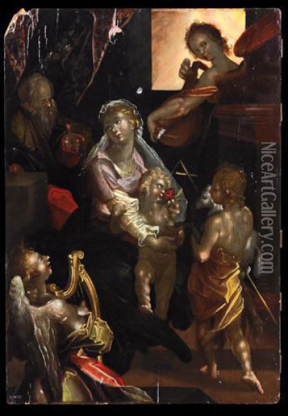 Sacra Famiglia Con San Giovannino E Angeli Musicanti Oil Painting - Bartholomaeus Spranger