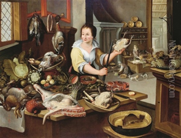 Ein Kuchenstuck Mit Der Kochin Und Zwei Kuchenmagden Oil Painting - Pieter Cornelisz van Rijck