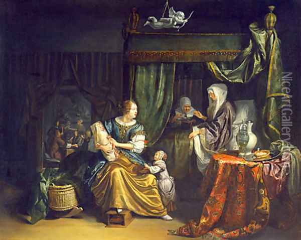 The Newborn Baby 1675 Oil Painting - Matthijs Naiveu