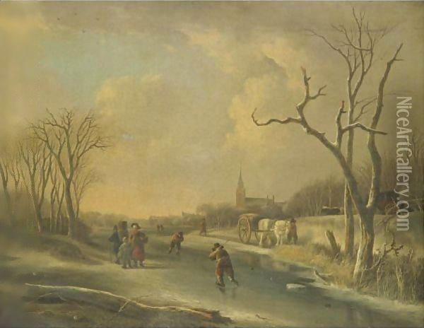 A Winter Landscape With Skaters On A Frozen River, Together With A Family Of Faggot Gatherers Oil Painting - Andries Vermeulen