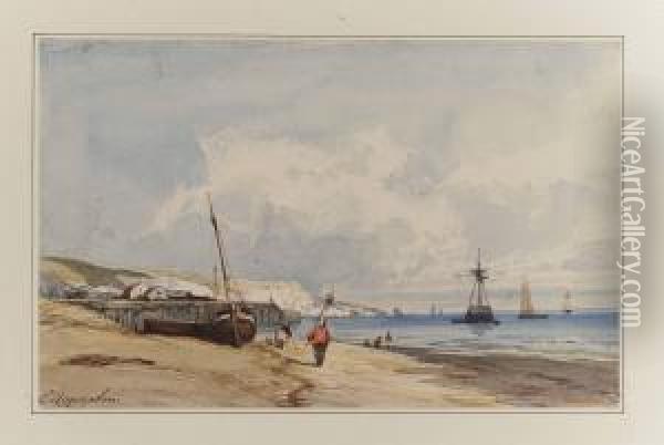 Fishermen And Vessels On A Beach In Normandy Oil Painting - Camille-Joseph-Etienne Roqueplan