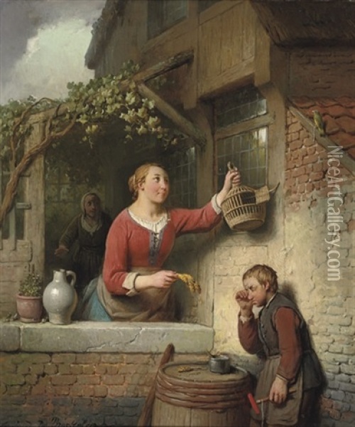 L'oiseau En Liberte - Freeing The Bird Oil Painting - Ferdinand de Braekeleer the Elder