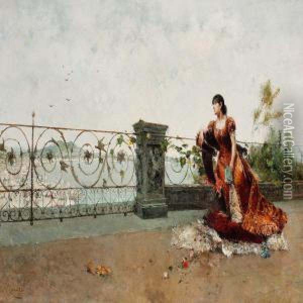 A Young Lady Enjoying The View From A Terrace Oil Painting - Francisco Miralles Galup
