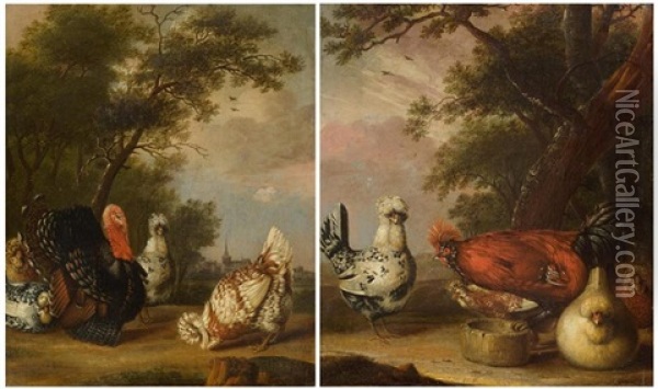 Pair Of Works: Poultry In A Landscape Oil Painting - Philips Angel