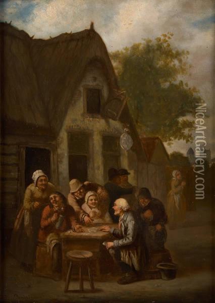 Les Joueurs De Cartes Devant La Taverne Oil Painting - Georges J. Buisson