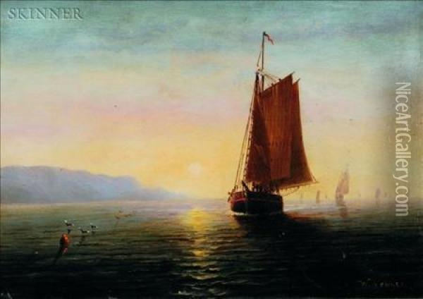 Sailing Vessels At Sunset Oil Painting - Wesley Webber