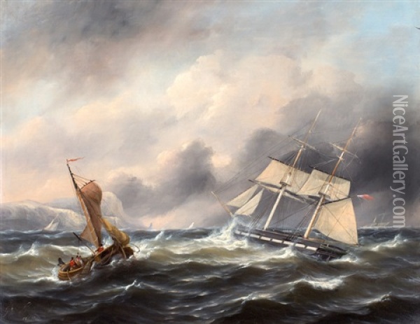 Tweemaster En Vissersboot Voor Engelse Rotskust Oil Painting - Govert Van Emmerik