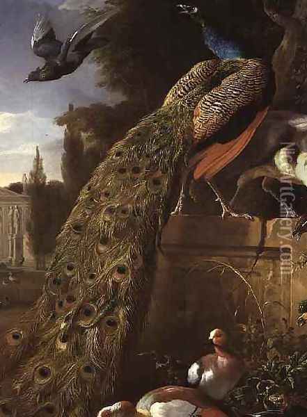 Peacock and a Peahen on a Plinth with Ducks and Other Birds in a Park Oil Painting - Melchior de Hondecoeter