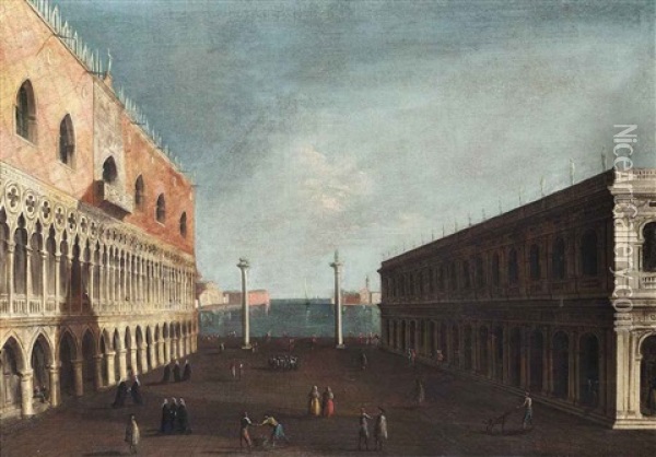 The Piazzetta, Venice, With The Libreria, The Ducal Palace And The Columns Of San Marco And San Teodoro, Looking South Towards San Giorgio Maggiore Oil Painting - Giuseppe Heinz the Younger