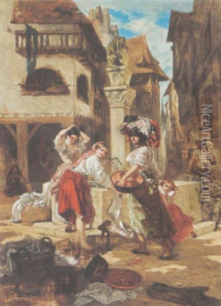 At The Village Fountain Oil Painting - Felix Haffner