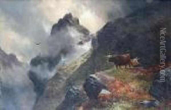 Highland Cattle On A Rocky Outcrop Above Aglen Oil Painting - Clarence Roe