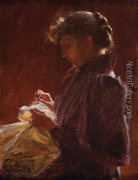 Woman Sewing Oil Painting - Charles Courtney Curran