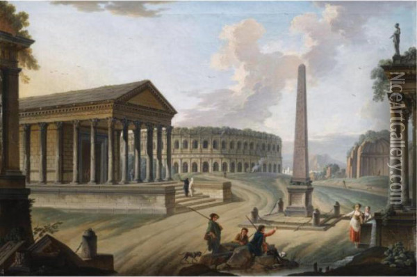A Capriccio With Roman Monuments In Nimes Oil Painting - Charles Francois Lacroix de Marseille