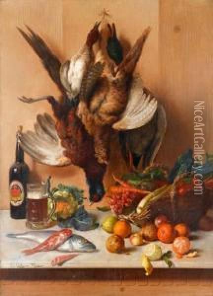 Tabletop Still Life With Game Birds, Ale, Fish, Vegetables Andfruit Oil Painting - Oreste Costa