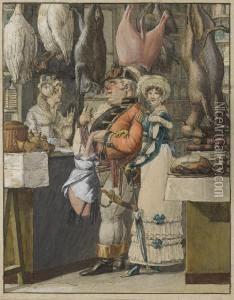 Two Women And A Soldier In A Butcher's Shop Oil Painting - George Emmanuel Opitz