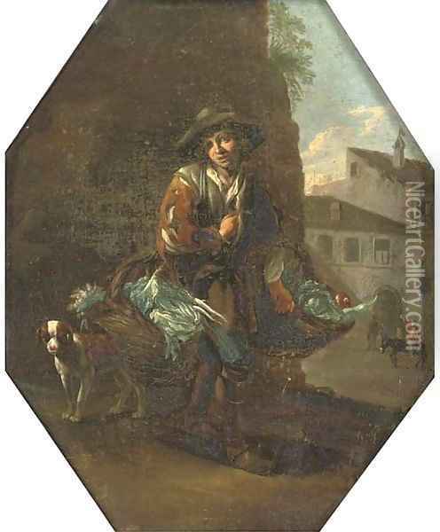 A vegetable seller with his dog, a town beyond Oil Painting - Michelangelo Cerquozzi