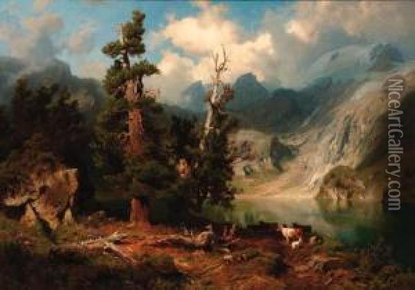 A Mountainous Lake Landscape Oil Painting - August Wilhelm Leu
