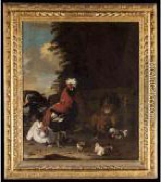 A Farmyard Scene With A Bantam Cockerel, Hens And Chicks Oil Painting - Melchior de Hondecoeter
