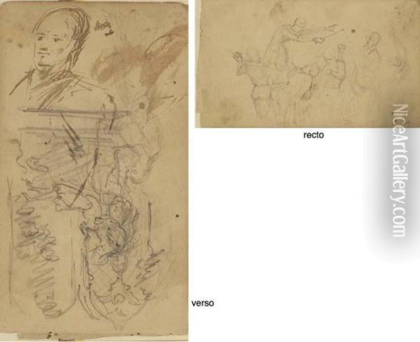 Les Musiciens (recto); Etudes: 
Personnage Devant Des Arches Gothiques, Portrait De Marie, Soeur De 
L'artiste Et Buste D'homme (verso) Oil Painting - Paul Cezanne