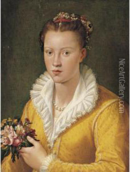 Portrait Of A Girl In A Yellow Dress Holding A Bouquet Of Flowers Oil Painting - Santi Di Tito