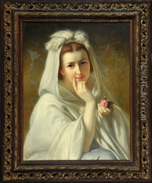 Portrait Einer Eleganten Dame Mit Rose Im Weisen Umhang Oil Painting - Ludwig Neustatter