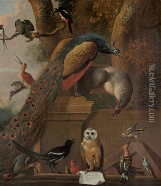 Soo Gebeck Soo Gesongen (a Peacock, Lark, Crow, Stilt, Peahen, Heron, Owl, Parakeet, Cardinal, Woodpecker, Swallow, Stint And Birds On A Garden Wall) Oil Painting - Melchior de Hondecoeter